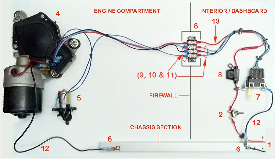 A pictorial diagram of a 2-speed wiper system using actual GM components.