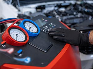 Gloved hand resting on an integrated digital A/C service station