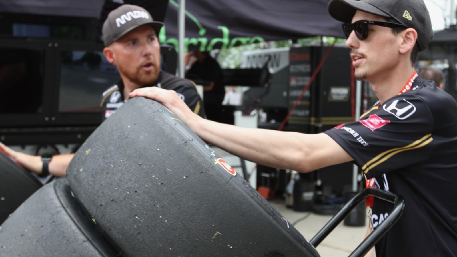 Dain Mrozek readying racing slicks for the Arrow Schmidt-Peterson Indy Car.