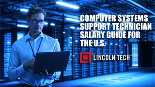 Computer systems support tech working in a server room.