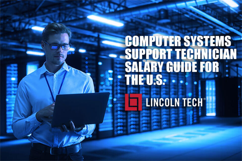 Computer systems support tech working in a server room.