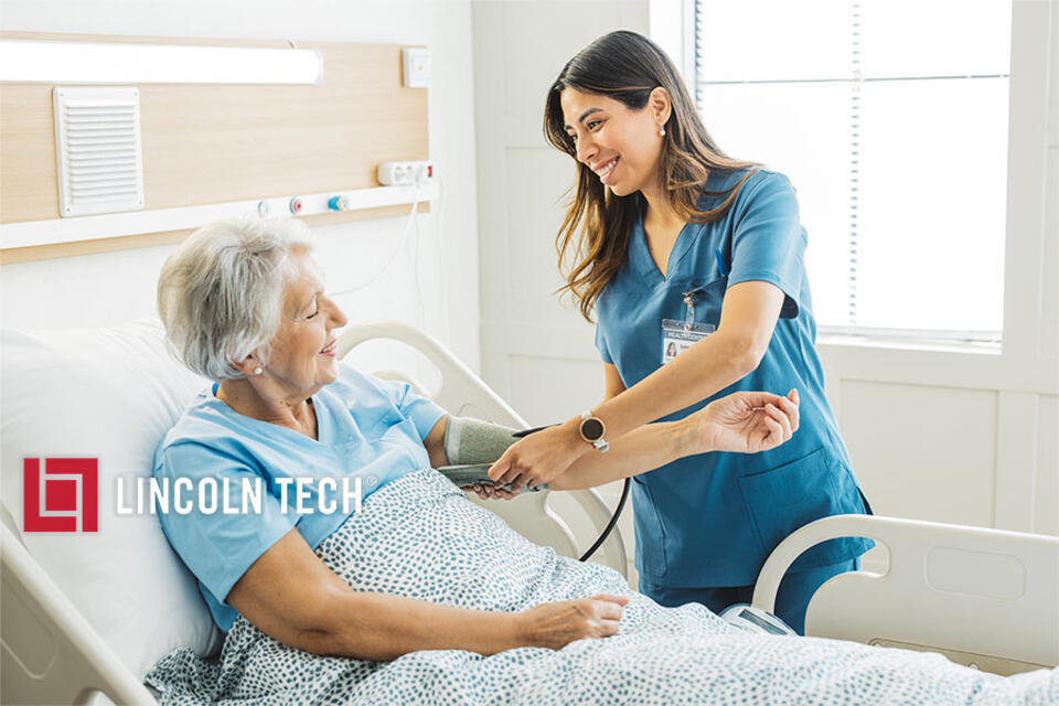 A nurse and patient in a healthcare setting.